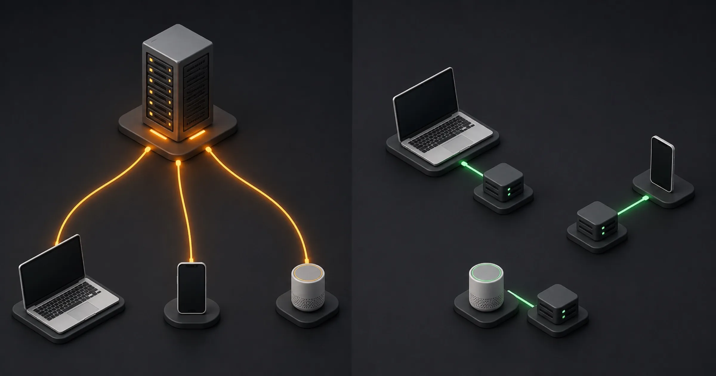 Vergleich einer zentralen Serverarchitektur mit langen Datenwegen und Edge-Computing mit mehreren nahen Serverstandorten.