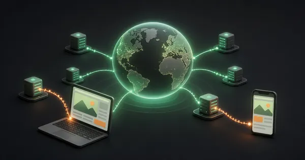 Illustration einer Weltkugel, die über verteilte Edge-Server eine Website an Laptop und Smartphone ausliefert.