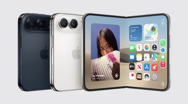 Das iPhone Duo geöffnet und geschlossen in den Farben Star White und Night Sky.